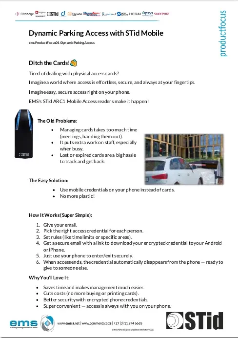 Dynamic Parking Access with STid Mobile" featuring the STid ARC1 reader, a car at a parking barrier, modern building, and Apple Watch integration icons for cardless smartphone access control.