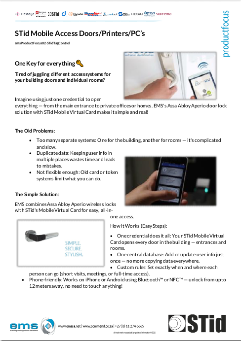 EMS flyer cover for STid Mobile Access Doors/Printers/PCs, showing smartphone unlocking a wireless door lock with Assa Abloy Aperio integration for unified building security.