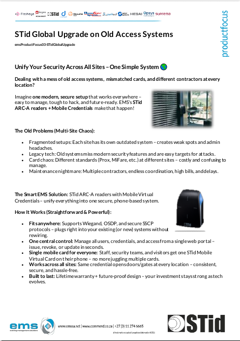 EMS flyer cover for STid Global Upgrade, featuring STid ARC-A reader, roller shutter gate, and collage of legacy access devices for unified mobile security across sites.
