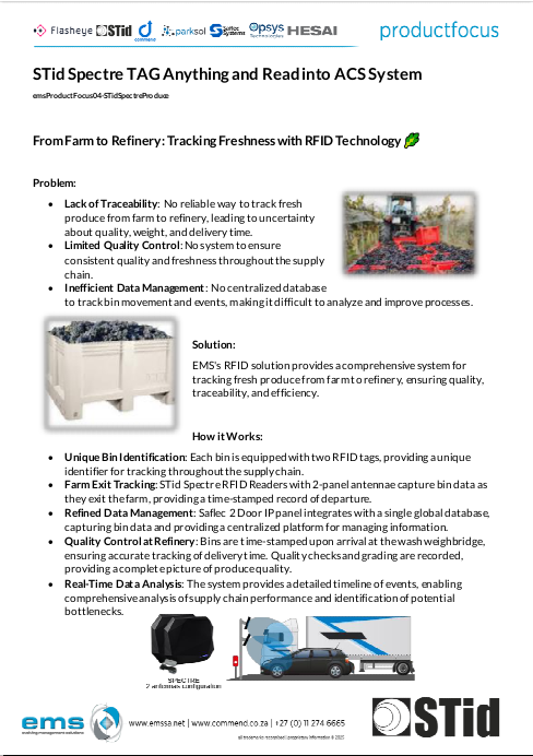 EMS flyer cover for STid Spectre RFID Produce Tracking, showing tractor harvesting grapes, white bin with tags, Spectre reader with antennae, and truck at weighbridge for farm-to-refinery supply chain.