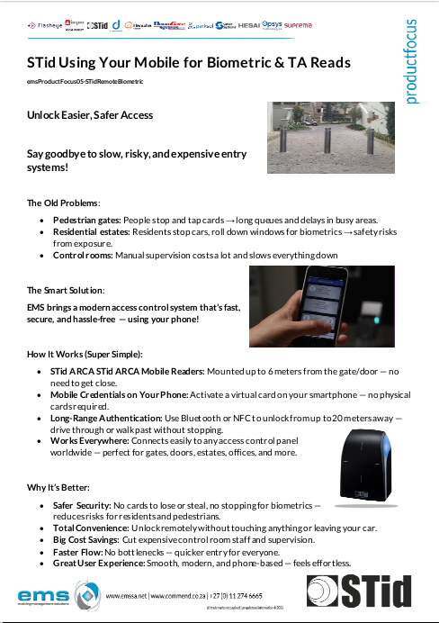 EMS flyer cover for STid Mobile Biometric & TA Reads, showing pedestrian bollard gates, hand holding phone app, and STid ARCA reader for remote access control in estates and offices.