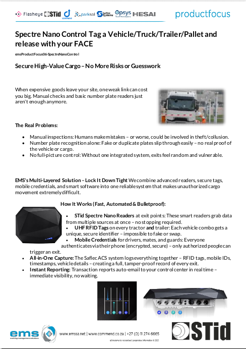 EMS flyer cover for Spectre Nano Control, featuring white truck at loading dock, STid Spectre Nano reader, UHF RFID tags, and warehouse trailers for secure vehicle/cargo tracking and release.