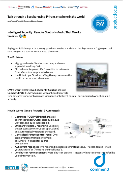 EMS flyer cover for Commend IP Speakers Remote Control, featuring house gate, hand holding phone app, Commend speaker device, and system diagram for intelligent audio security from anywhere.