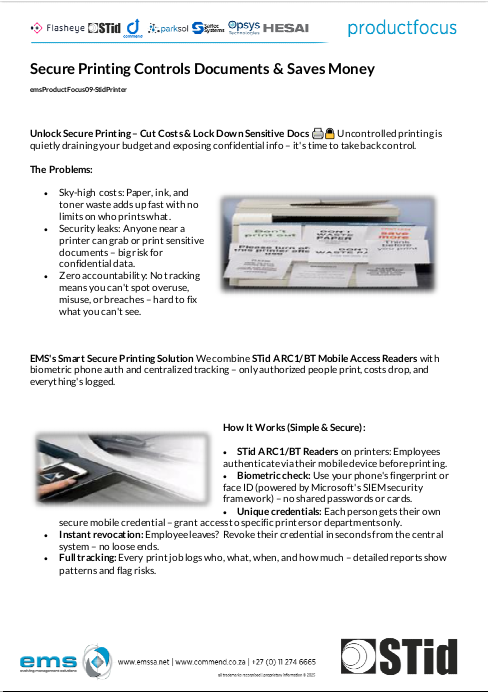 EMS flyer cover for STid Secure Printing Controls, showing stack of wasteful prints, hand tapping phone to reader near printer, and STid ARC1/BT device for biometric mobile access and cost savings.