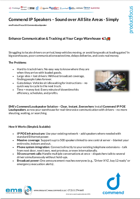 EMS flyer cover for Commend IP Speakers Warehouse Communication, showing warehouse worker near truck, Commend speaker device, and site coverage diagram for real-time voice instructions and tracking.