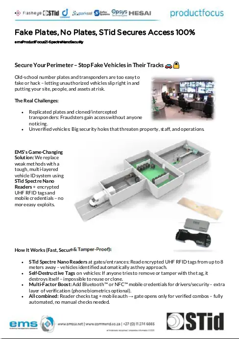 An informational two-page security product brochure from EMS titled "Fake Plates, No Plates, STid Secures Access 100%".