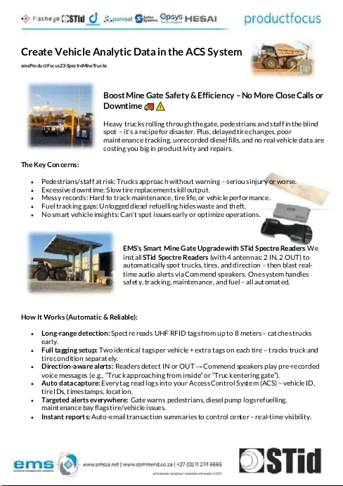 A three-page technical security brochure from EMS titled "Boost Mine Gate Safety & Efficiency - No More Close Calls or Downtime".