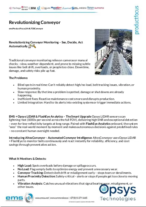 A professional two-page technical security and industrial monitoring brochure from EMS titled "Revolutionizing Conveyor Monitoring - See, Decide, Act Automatically".