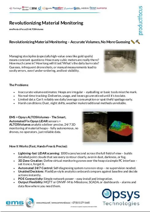 An informational two-page industrial product brochure from EMS titled "Revolutionizing Material Monitoring - Accurate Volumes, No More Guessing".