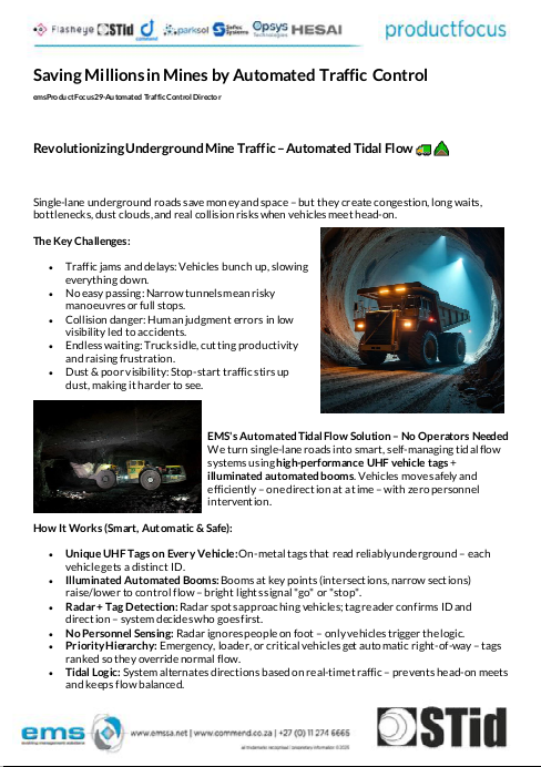 A multi-page technical security and mining logistics brochure from EMS titled "Saving Millions in Mines by Automated Traffic Control."