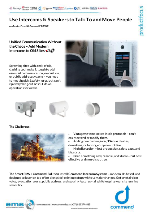 A professional two-page technical brochure from EMS titled "Unified Communication Without the Chaos - Add Modern Intercoms to Old Sites."
